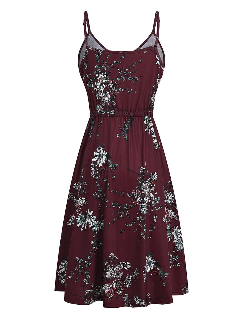 HELYO Wedding Guest Dresses for Women Summer Petite Casual Sundress Every Day Sleeveless Spaghetti Strap Adjustable Waist Dress with Pockets 826 (S, Burgundy Floral) - Image 4