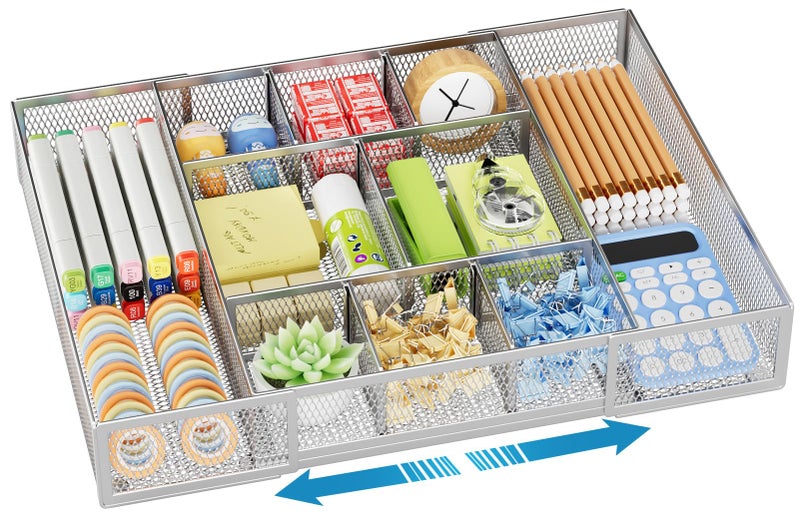Marbrasse Expandable Desk Drawer Organizer Mesh Tray with 10 Adjustable Compartments Desk Organizers for Office Supplies Makeup Vanity ExpandableSilver - Image 2