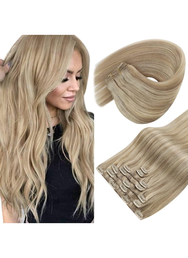 Sunny Hair Sunny Hair Clip in Hair Extensions Straight Human Hair Clip in Extensions Remy Clip in Hair Extensions Real Human Hair Extensions Clip ins Golden Blonde Highlights Light Blonde 20inch 