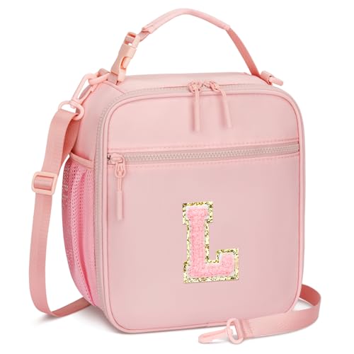 CLOUDWINGS Initial Insulated Lunch Bag for Girls Kids, Back to School Gift, Reusable Leak-proof Lunch Box with Adjustable Strap for School Daycare Travel Picnic (Pink,L) - Image 1