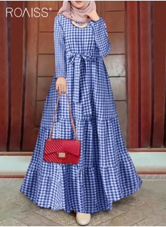roaiss Muslim Floor Length Skirt for Women Round Neck Plaid Loose Long Sleeve Ruffle Hem High Waist Dress Ladies Elegant Premium Temperament Wedding Guest Costumes with Belt  - Image 2