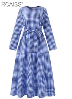 roaiss Muslim Floor Length Skirt for Women Round Neck Plaid Loose Long Sleeve Ruffle Hem High Waist Dress Ladies Elegant Premium Temperament Wedding Guest Costumes with Belt  - Image 3