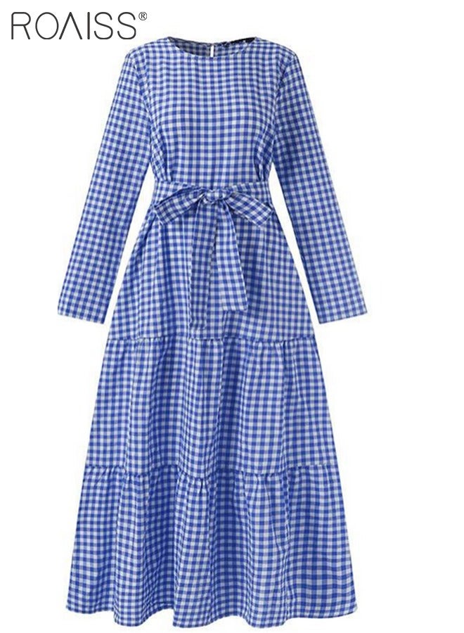 roaiss Muslim Floor Length Skirt for Women Round Neck Plaid Loose Long Sleeve Ruffle Hem High Waist Dress Ladies Elegant Premium Temperament Wedding Guest Costumes with Belt  - Image 3