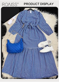 roaiss Muslim Floor Length Skirt for Women Round Neck Plaid Loose Long Sleeve Ruffle Hem High Waist Dress Ladies Elegant Premium Temperament Wedding Guest Costumes with Belt  - Image 5