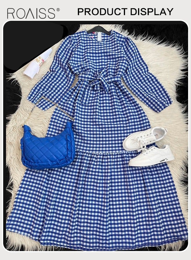 roaiss Muslim Floor Length Skirt for Women Round Neck Plaid Loose Long Sleeve Ruffle Hem High Waist Dress Ladies Elegant Premium Temperament Wedding Guest Costumes with Belt  - Image 5