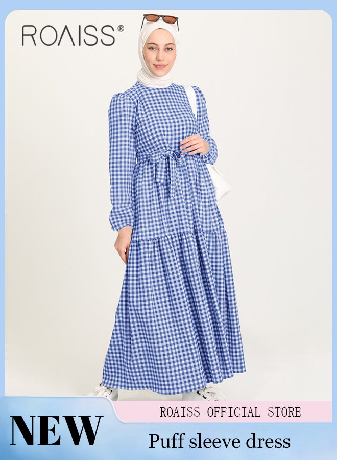 roaiss Muslim Floor Length Skirt for Women Round Neck Plaid Loose Long Sleeve Ruffle Hem High Waist Dress Ladies Elegant Premium Temperament Wedding Guest Costumes with Belt  - Image 1