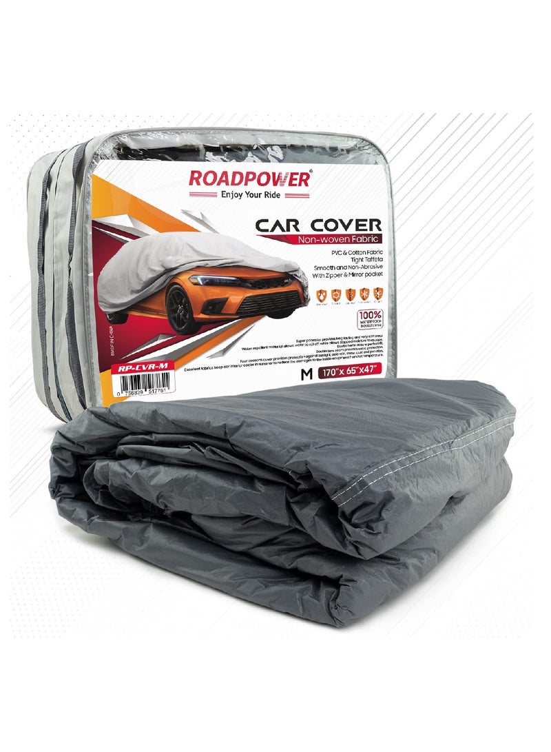 RoadPower zipper Car Cover with Mirror Pocket for All Weather Waterproof Windproof Dustproof UV Protection Full Covers PVC & Cotton Fabric Tight Taffeta smooth Non-Abrasive (Medium 170''X 65''X 47'') - Image 1