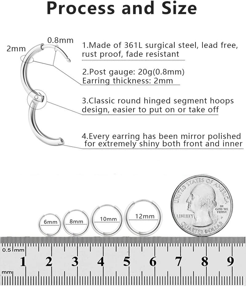 Motbegit Store 316L Surgical Stainless Steel Hoop Earrings,Mens Hoops Earrings Gold Silver Black Hypoallergenic,6mm 8mm 10mm 12mm Small Huggie Hoop Earrings Men Women for Cartilage Piercings - Image 4
