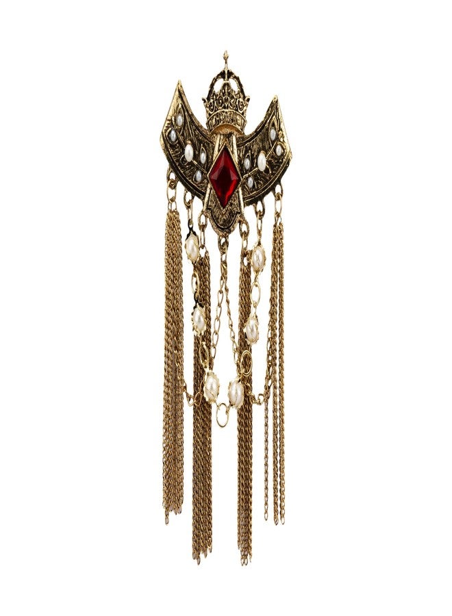 Knighthood Golden Metal Red Crowned Stone with Hanging Chain and Pearl Detailing Brooch for Men and Women - Image 1