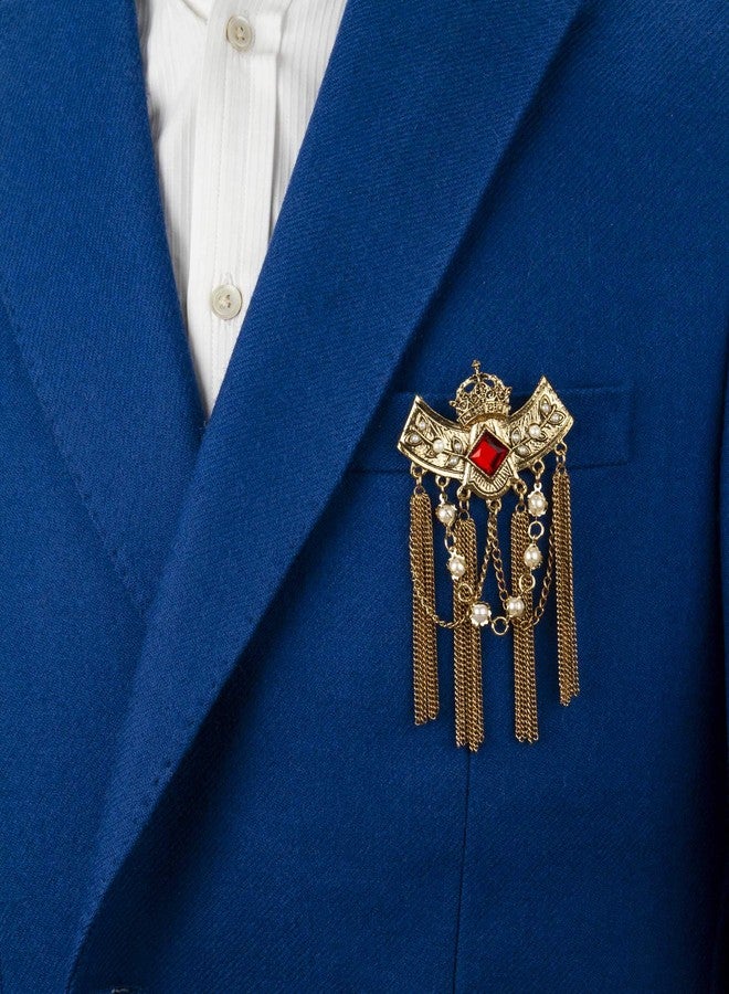 Knighthood Golden Metal Red Crowned Stone with Hanging Chain and Pearl Detailing Brooch for Men and Women - Image 3