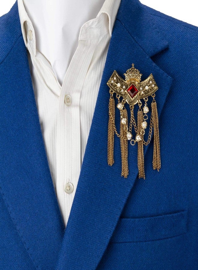 Knighthood Golden Metal Red Crowned Stone with Hanging Chain and Pearl Detailing Brooch for Men and Women - Image 2