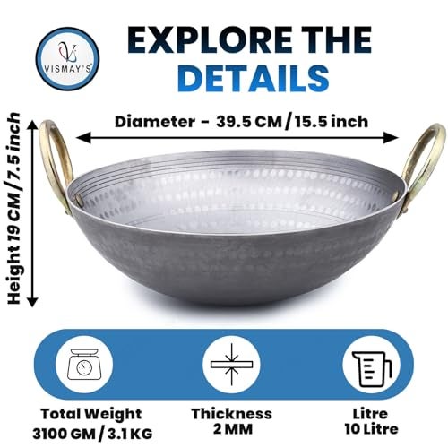 VISMAY'S 10 Litre 15.5 Inch Food Grade Iron Kadai India’s 1st Smooth Edge kadhai Strong Riveted Handle Traditional Frying Pan Wok Hammered Heavy Base Metal Spoon Friendly Works on Gas and Induction - Image 3