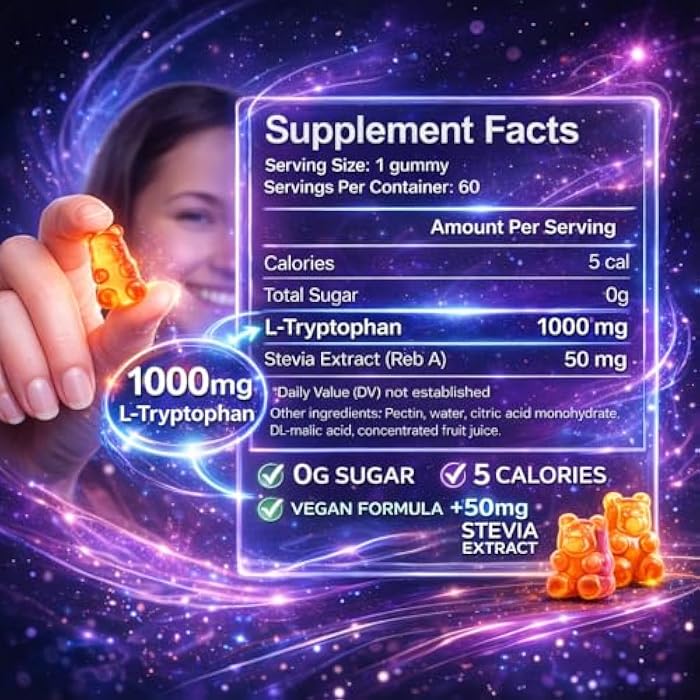VAITE L Tryptophan 1000mg Gummies – Chewable Supplement for Positive Outlook, Calm Support & Inner Balance, 60 Vegan Gummy to Promote Restful Nights, Support Mental Focus & Encourage Peaceful Sleep - Image 3