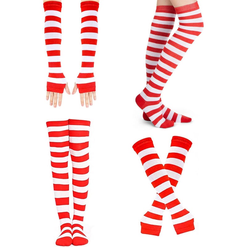 MCPINKY Red and White Striped High Knee Socks Including Candy Cane Knee Socks and Long Arm Warmer Gloves Crazy Outfits for Girls Women Holiday Themed Party Cheerleading Sports Costume