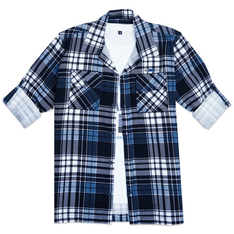 CAVIO Boys Cotton Full Sleeves Checks Shackets Shirt and T-Shirt Navy 5-6 Years - Image 3
