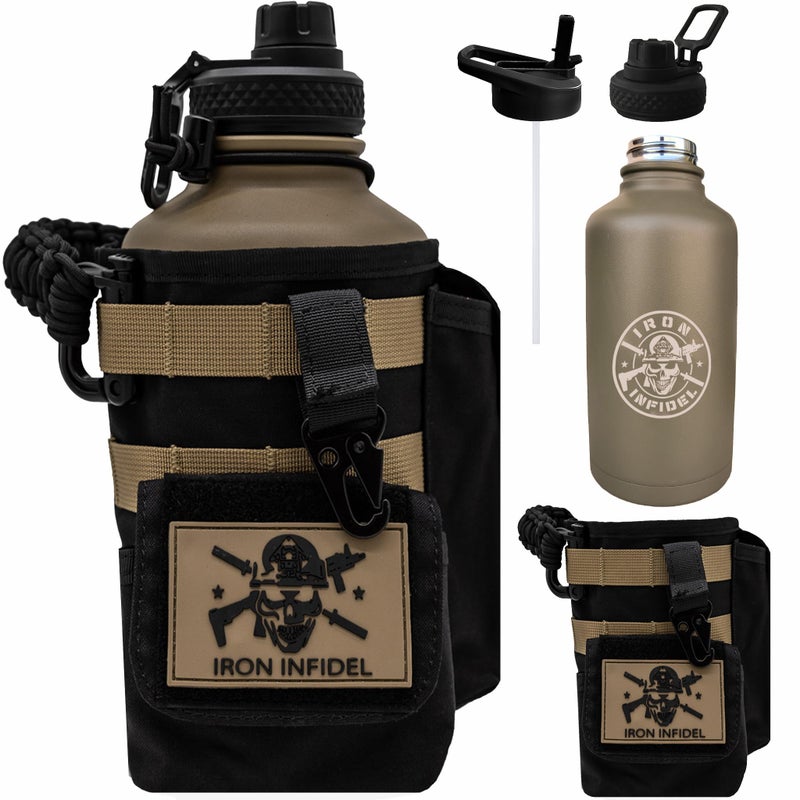 Iron Infidel Iron Infidel Battle Bottle  Half Gallon Insulated Water Bottle with Paracord Handle Large 64 oz Stainless Steel Water Jug with Rugged Removable Sleeve for Keys Wallet  Phone Brown Recluse 2L 