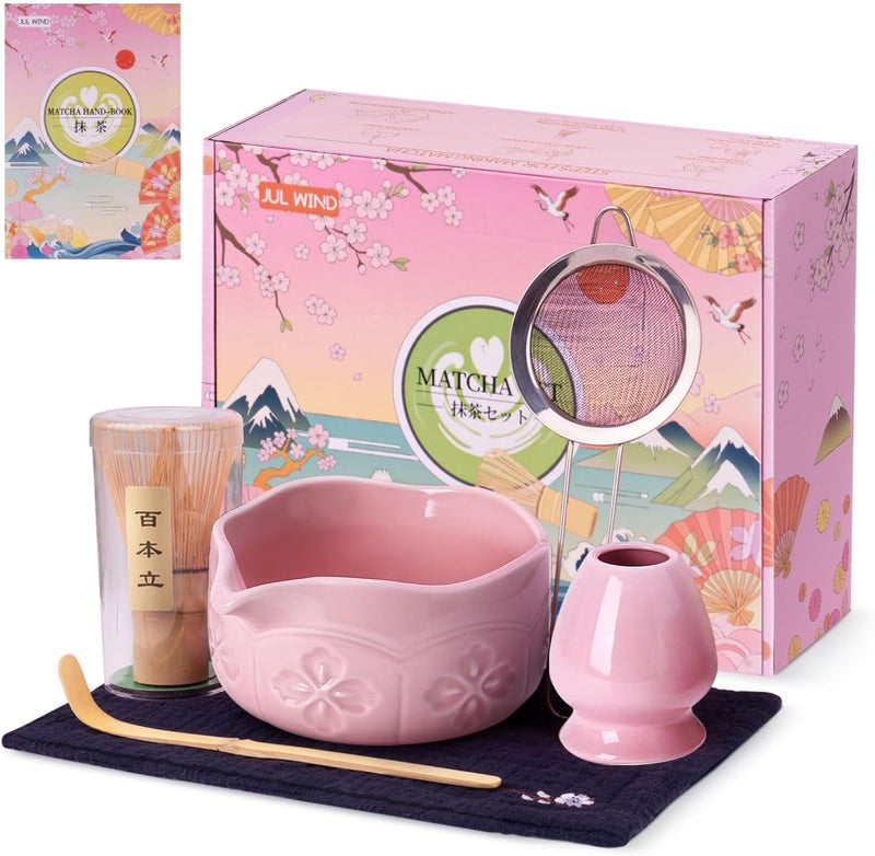 JUL WIND Matcha Whisk Set, Ceramic Matcha Set Includes Bowl with Spout, Whisk and Holder, Bamboo Scoop, Sifter and Tea Towel - 6 Pcs Matcha Kit Gift for Lovers Beginners (Pink) - Image 1