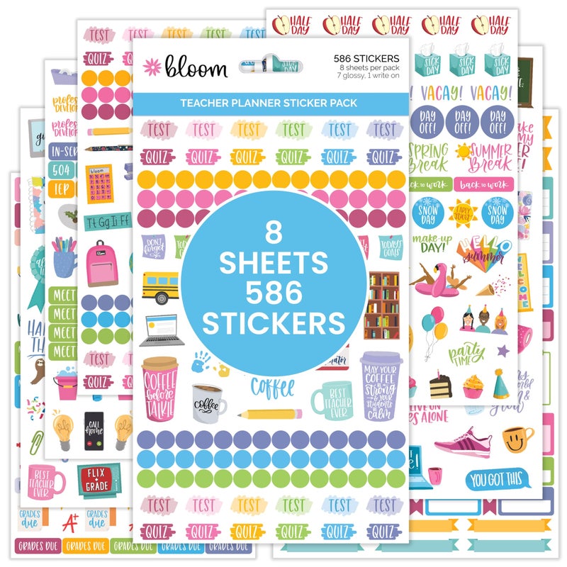 bloom daily planners New Teacher Planner Sticker Pack - School Themed Planning Sticker Sheets for Educators, Homeschoolers, etc.- 8 Sheets/586 Stickers per Pack! - Image 1