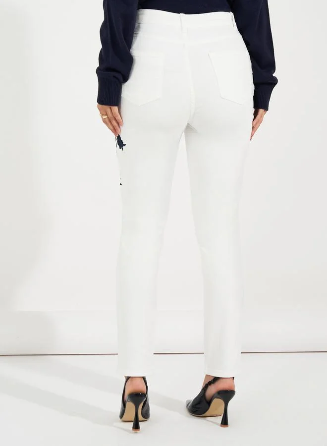 Styli High Rise Tapered Mom Fit Jeans with Embroidery Detail