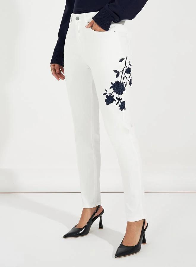 Styli High Rise Tapered Mom Fit Jeans with Embroidery Detail