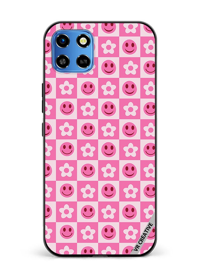 VR CREATIVE Protective Case Cover For Infinix Smart 6 HD Checkered Hot Pink Retro Flowers And Happy Faces Seamless Pattern Design Multicolour - Image 1