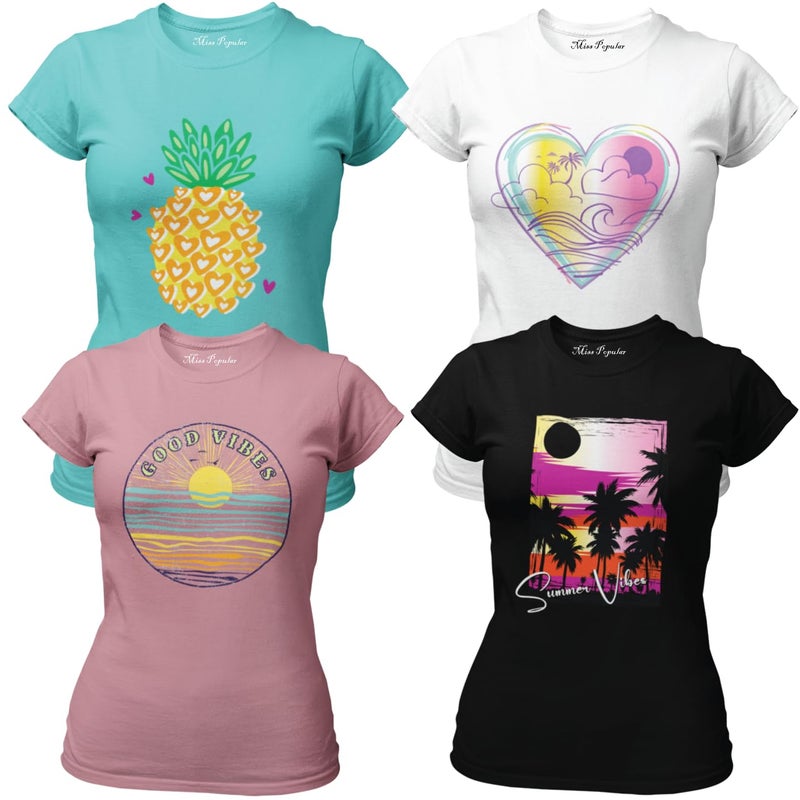 MISS POPULAR Girls 4-Pack Super Soft Short Sleeve T-Shirts Rainbow Butterfly Glitter Print Cute Design| Sizes 7-16 - Image 1