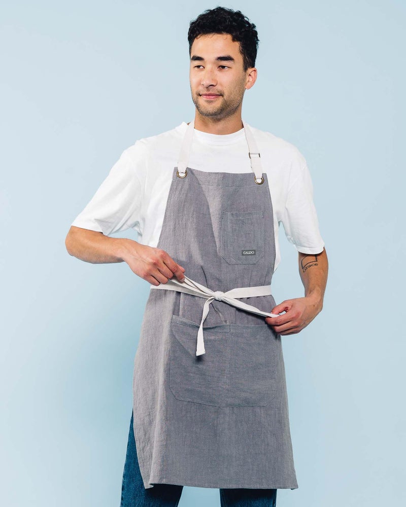 Caldo Linen Kitchen Apron for Cooking - Mens and Womens Linen Bib Apron for Professional Chef, Server, or Barista - Adjustable with Pockets (Grey) - Image 2