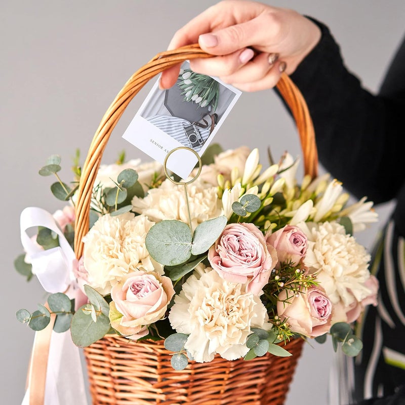 Hotop 30 Pieces Metal Wire Floral Place Card Holder Round Photo Memo Holder Pick Gold Floral Card Holder Clip for Wedding Party Birthday Office DIY Cake Topper Shower Party Flower Favor Card Holder - Image 5