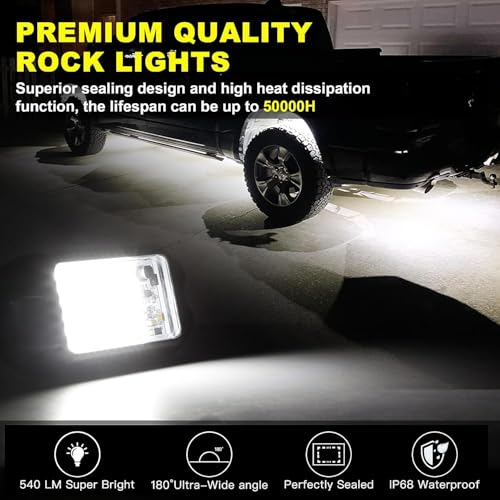 Nicoko 8 Pods 6000K pure White Rock lights Aluminum 9-30V Underglow Lights IP68 Waterproof Neon Trail Rig Lamp Lighting for SUV Car Truck Motorcycle Boat ATV UTV - Image 2