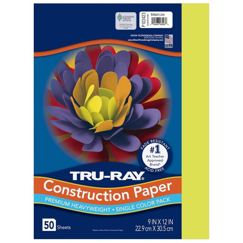 Tru-RayÂ® Construction Paper, 50% Recycled, 9" x 12" Brilliant Lime, Pack of 50 - Image 1
