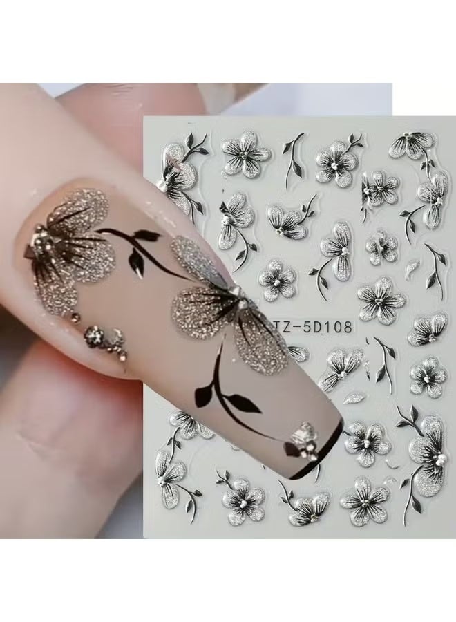 HTKCRX 2pcs 5D Floral Nail Art Stickers Set - Acrylic Flowers Decals with Glitter, Glossy Finish, Self-Adhesive for Women and Girls, Single Use Elegant Black Blossoms Theme, Rectangle Shape, Unscented - Ideal for Plastic Surfaces - Image 1
