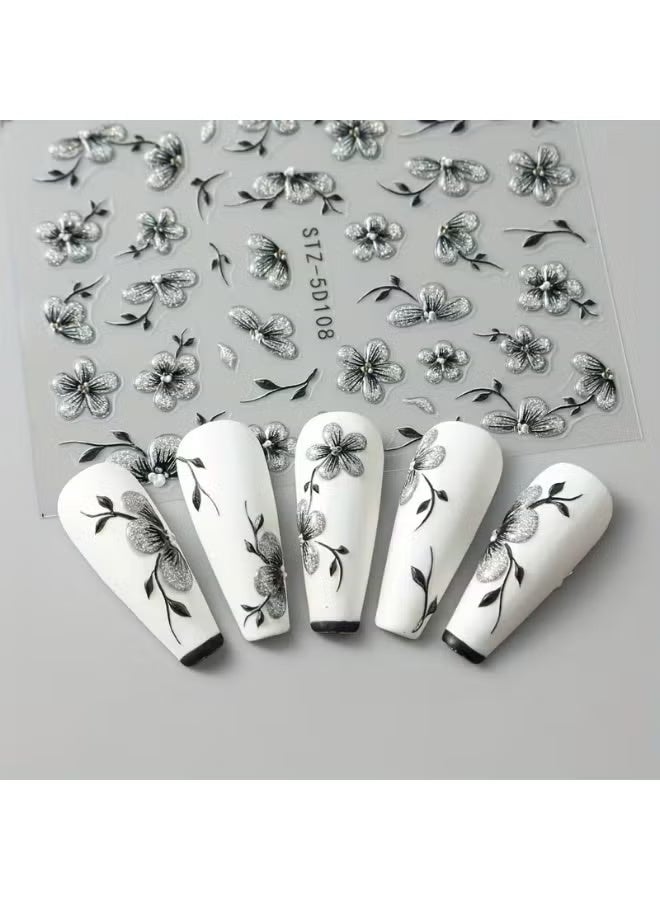 HTKCRX 2pcs 5D Floral Nail Art Stickers Set - Acrylic Flowers Decals with Glitter, Glossy Finish, Self-Adhesive for Women and Girls, Single Use Elegant Black Blossoms Theme, Rectangle Shape, Unscented - Ideal for Plastic Surfaces - Image 2