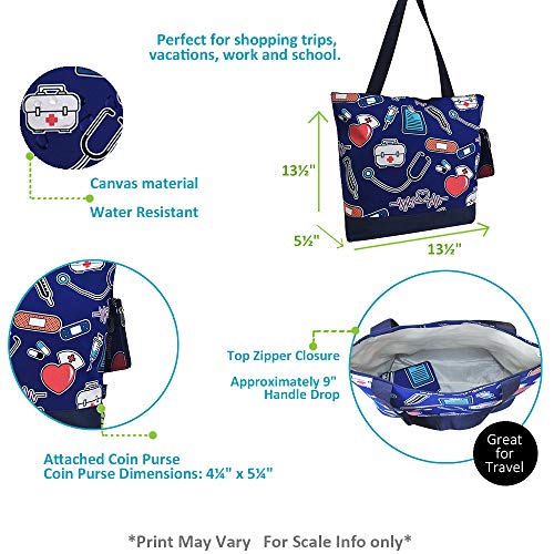 NGIL Medium Top Zipper Closure Canvas Tote Bag with Attached Matching Coin Purse For Teachers, Moms, Students and Nurses (Nurse Theme-navy) - Image 4