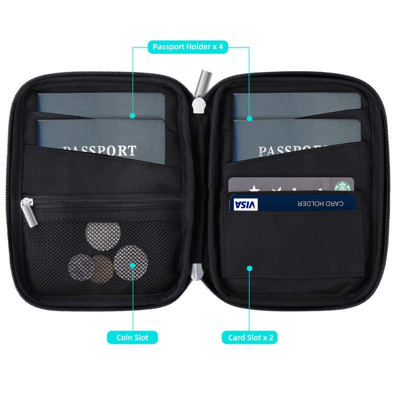 WALNEW Passport Holder Family for 4, RFID Blocking Travel Wallet Women Men, Lightweight Zipper Document Organizer Pouch Bag Credit Cards Case Cover for Travelling, Black - Image 3
