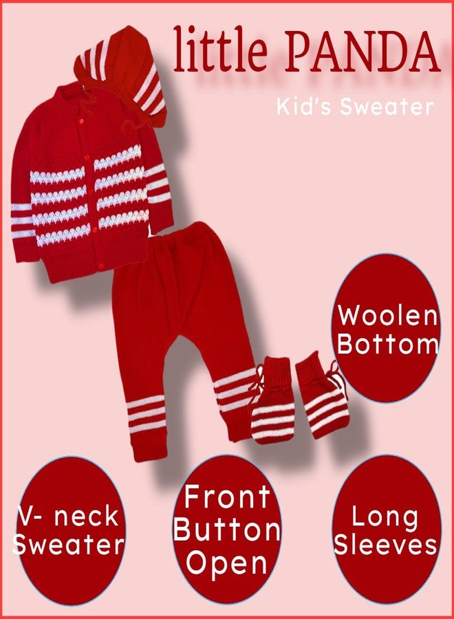 little PANDA Baby Boys & Baby Girls Woollen Round Neck Sweater Top, Bottom, Cap & Booties Set Red - Image 2