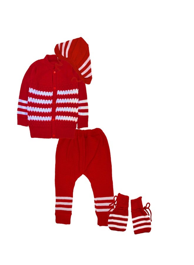 little PANDA Baby Boys & Baby Girls Woollen Round Neck Sweater Top, Bottom, Cap & Booties Set Red - Image 1