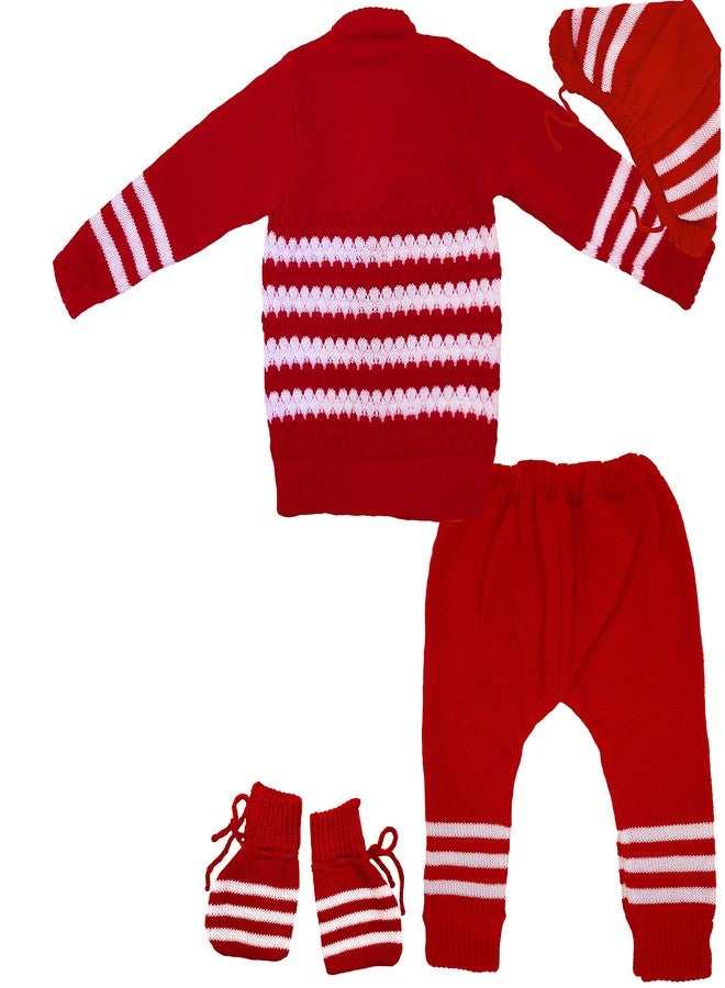 little PANDA Baby Boys & Baby Girls Woollen Round Neck Sweater Top, Bottom, Cap & Booties Set Red - Image 5