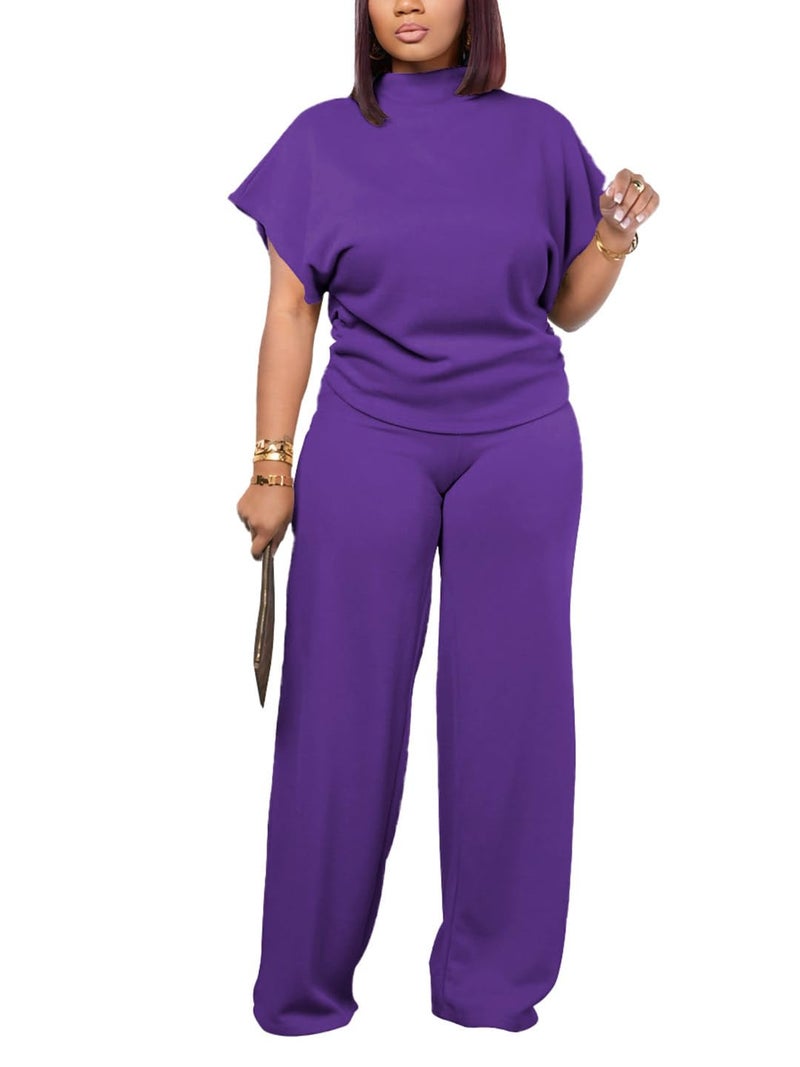 PINSV Lounge Sets For Women Casual 2 Piece Outfits Baggy Short Sleeve Top And Flare Pants Tracksuits Upgrade Purple L - Image 1