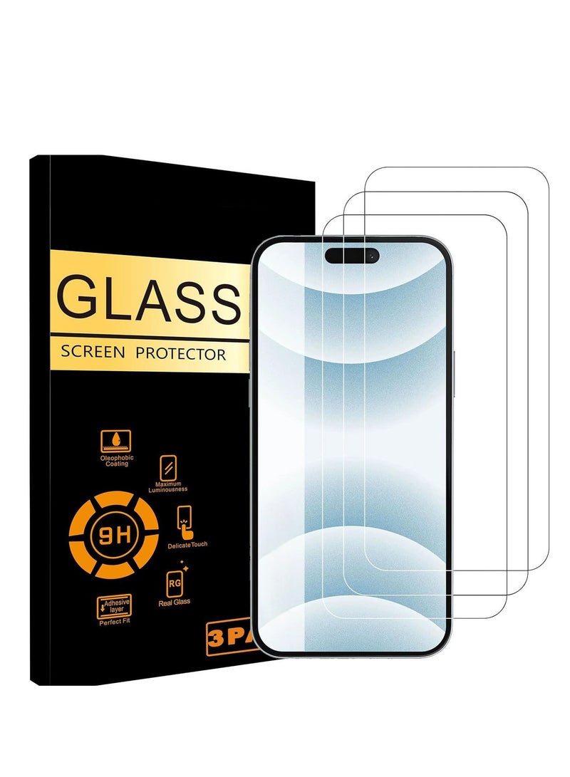 واقي شاشة زجاجي مقوى 9H لهاتف iPhone 15 Plus، عبوة من 3 قطع، شفاف للغاية، مقاوم للخدش، مضاد لبصمات الأصابع، مناسب للحافظات، يتضمن أدوات التثبيت - Image 1