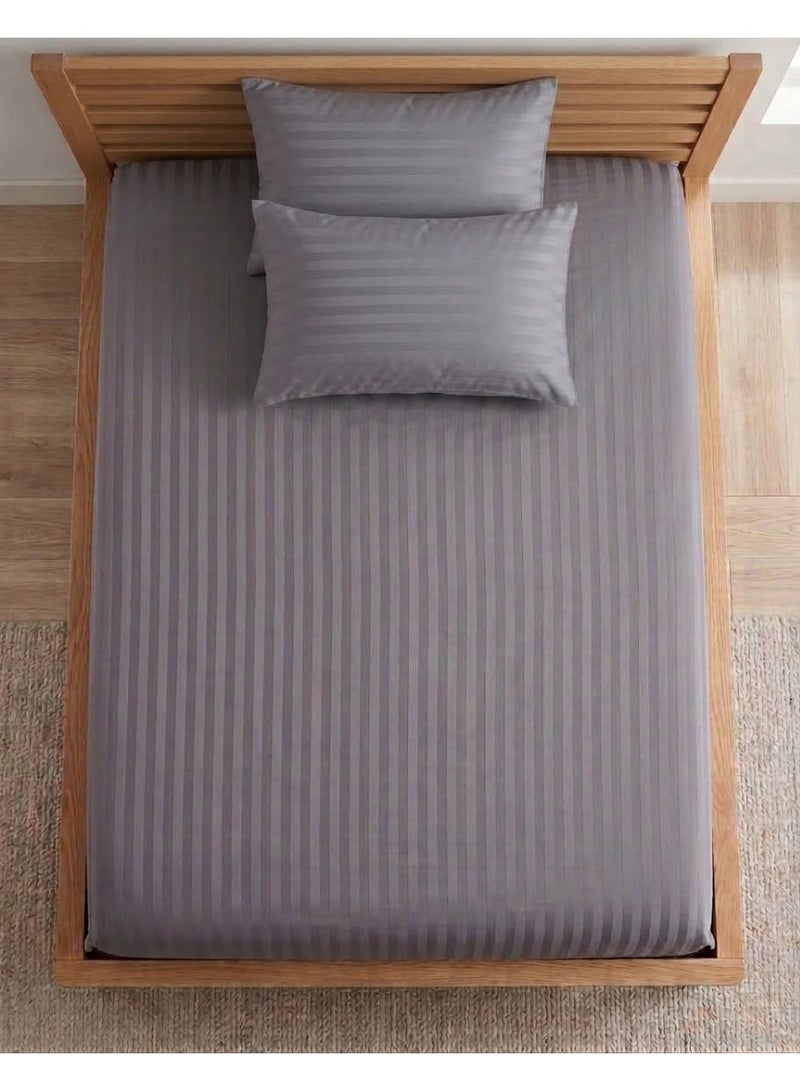 Rishahome King 3-Piece Grey Stripe Flat Sheet 220x240 cm  & 2 Pillow Cases - Image 1