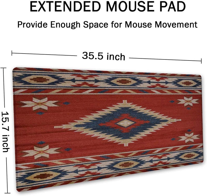SSOIU Extended Gaming Mouse Pad (35.5x15.7 in), Large Stable Rubber Base Mousepad with Stitched Edges, Keyboard Mouse Mat Desk Pad for Work, Game, Office, Home - American Southwestern Tribal Pattern - Image 2