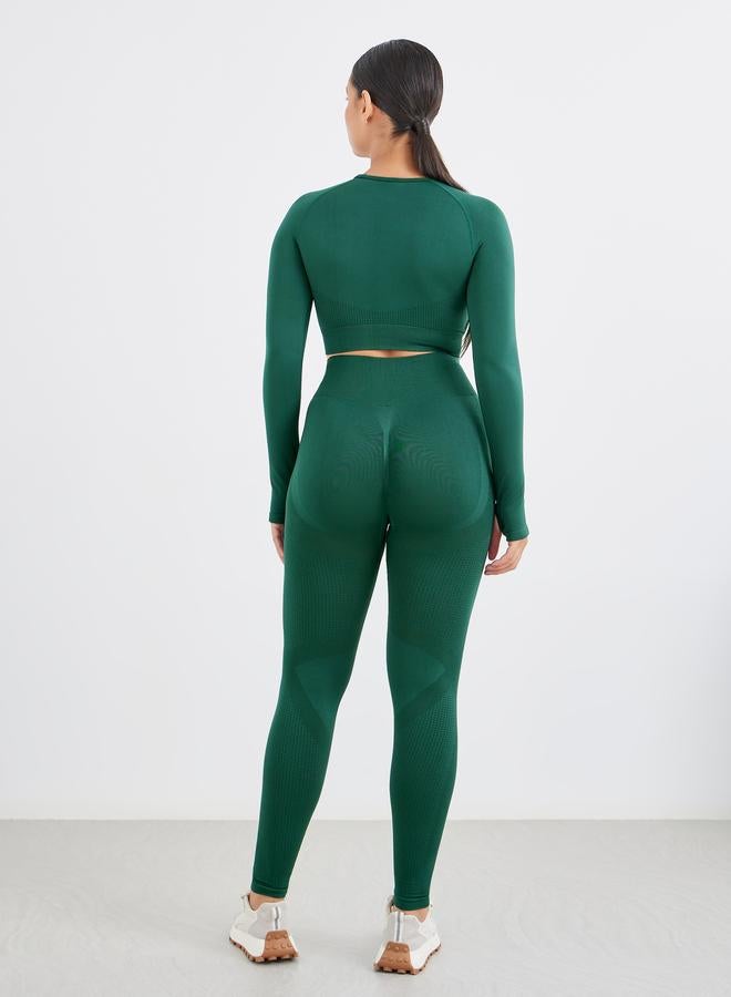 Styli Seamless Tonal Jacquard Long Sleeve Crop Top and Leggings Set - Image 4