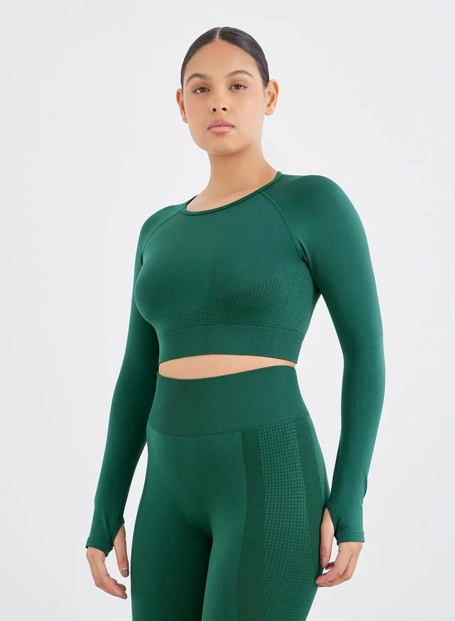 Styli Styli Seamless Tonal Jacquard Long Sleeve Crop Top and Leggings Set