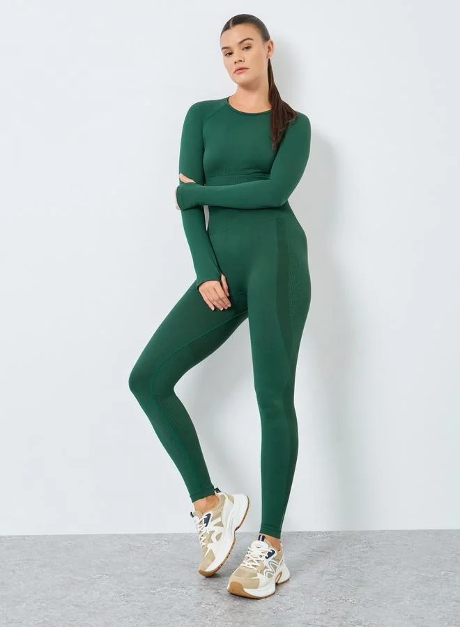 ستايلي اكتيف طقم بلوزة قصيرة بأكمام طويلة جاكار تونال ستيلي بدون خياطة وسروال ضيق