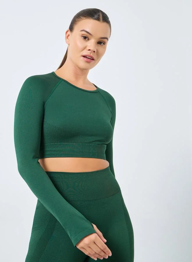 ستايلي اكتيف طقم بلوزة قصيرة بأكمام طويلة جاكار تونال ستيلي بدون خياطة وسروال ضيق