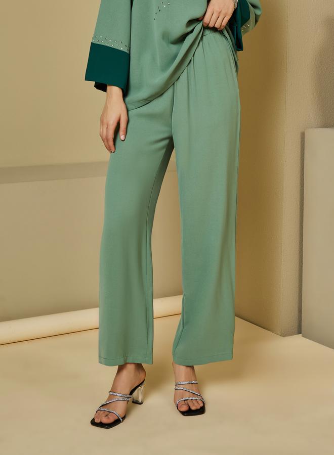 Styli Contrast Cuff Detail Embellished Top & Wide Leg Pants Modest Set  - Image 5