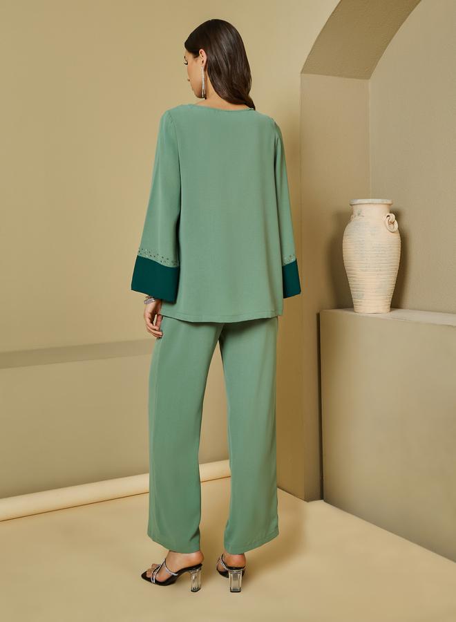 Styli Contrast Cuff Detail Embellished Top & Wide Leg Pants Modest Set  - Image 4