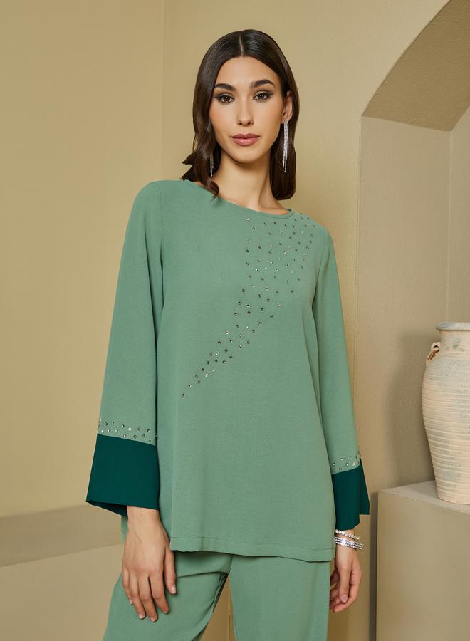 Styli Contrast Cuff Detail Embellished Top & Wide Leg Pants Modest Set  - Image 2