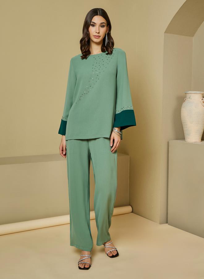 Styli Contrast Cuff Detail Embellished Top & Wide Leg Pants Modest Set  - Image 1