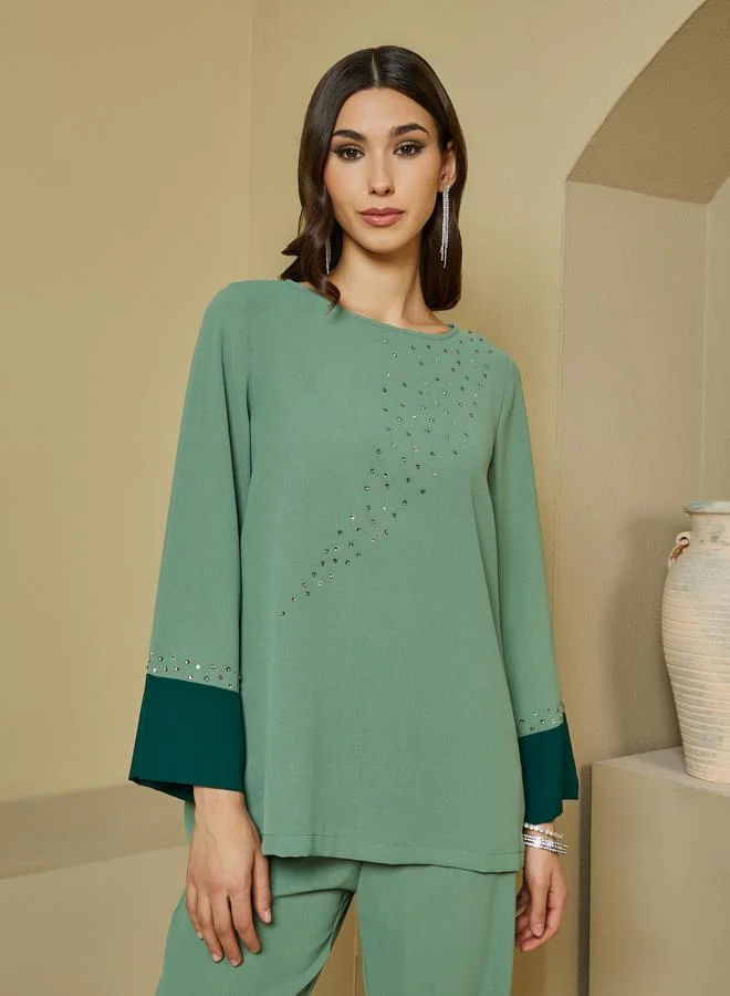 Amirah Contrast Cuff Detail Embellished Top and Wide Leg Pants Modest Set